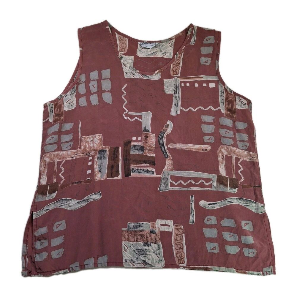 Vtg Sz M 100% Silk Abstract Geometric Mauve Pink Tank Top Maximalist Eclectic